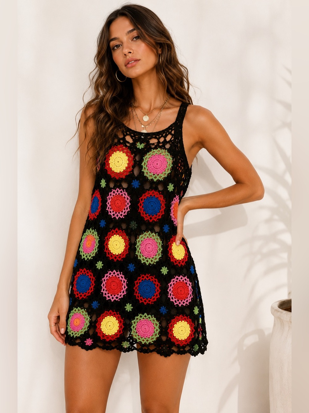 Handmade Crochet Cover Up Tunic Dress Large Boho Granny Square Beach Festival C3
